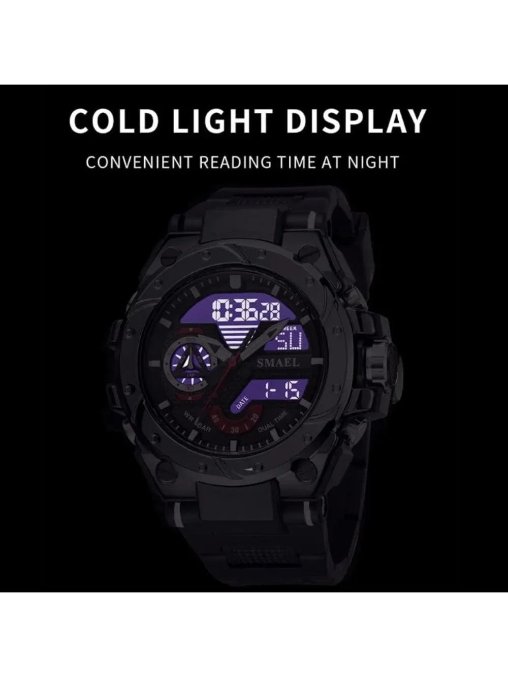 Mens Black And Silver Analog Quartz Sport Waterproof Military LED Digital Watch